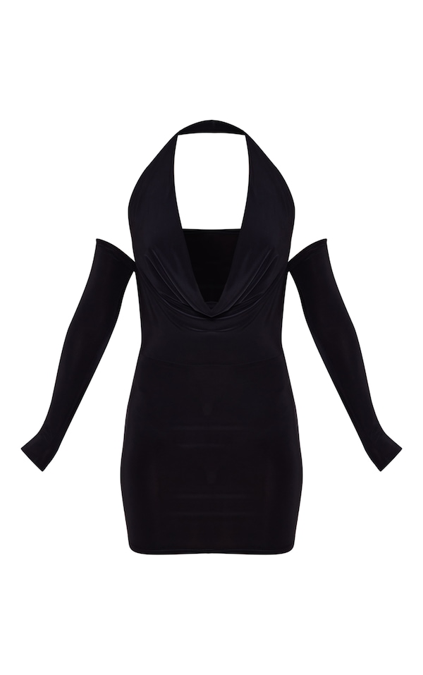 Black Slinky Cowl Halter Detail Cold Shoulder Bodycon Dress