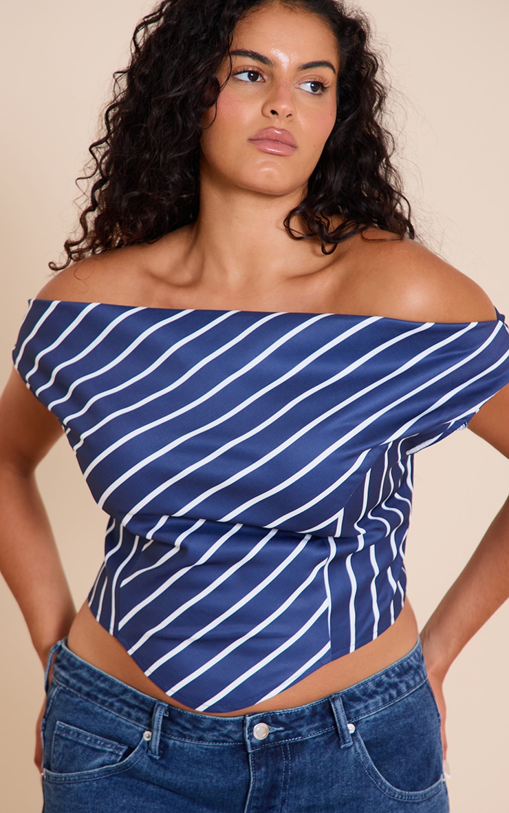 Plus Indigo Blue Striped Satin Asymmetrical Sleeveless Top image 1
