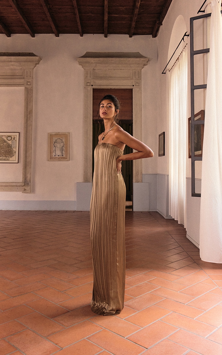 PLT Label Gold Plisse Satin Column Bandeau Maxi Dress image 4