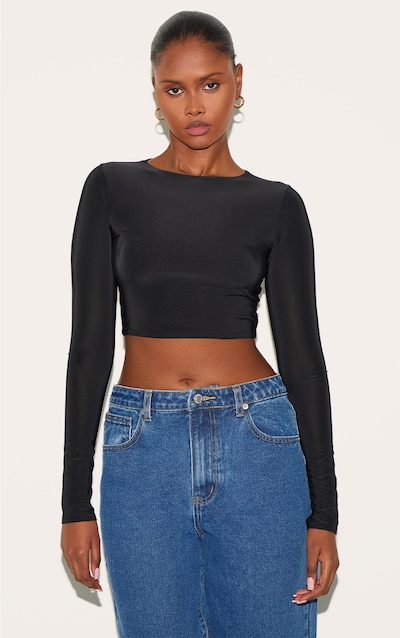 Black Basic Slinky Long Sleeve Crop Top