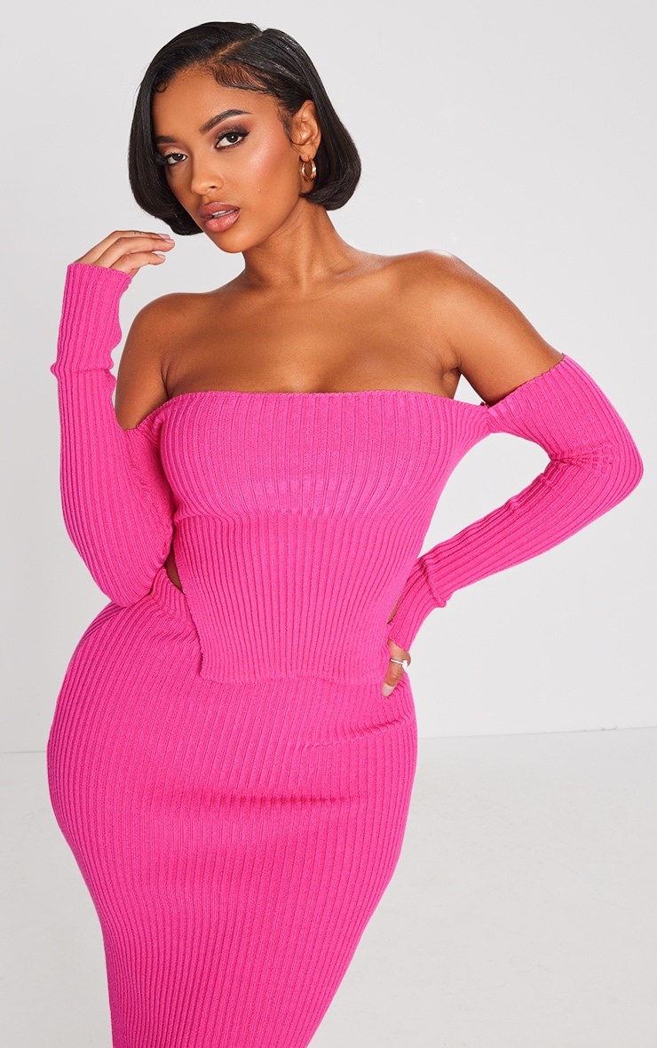 Shape Bright Pink Knit Bardot Split Side Detail Top