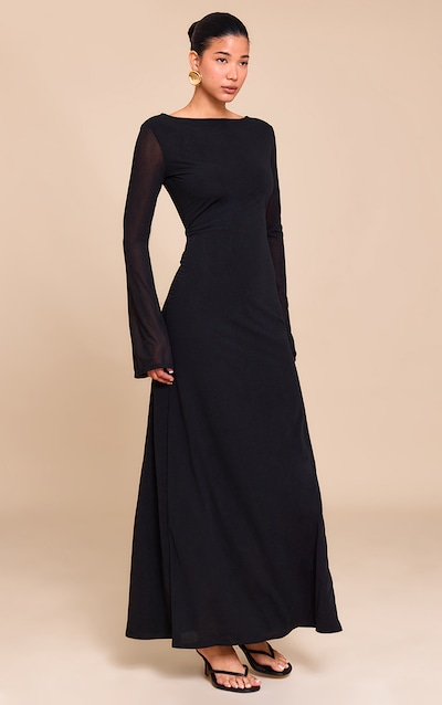 Black Chiffon Boat Neck Long Sleeve Maxi Dress