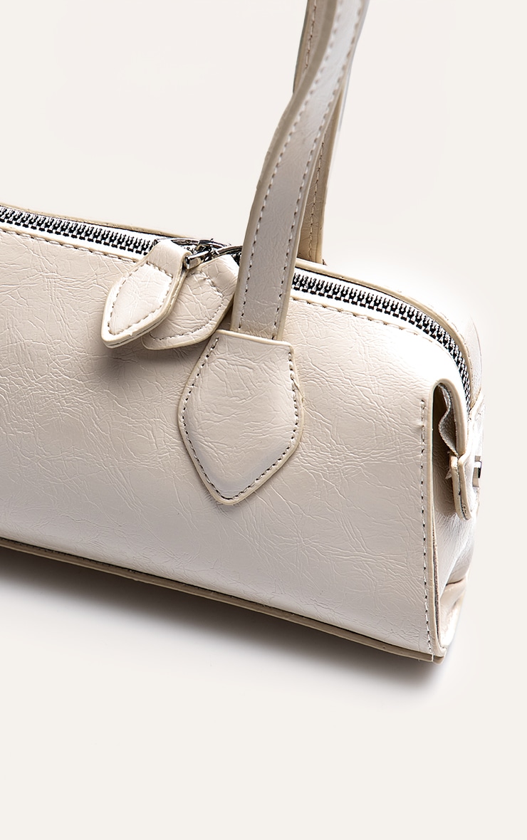 White Textured Faux Leather Bowler Bag image 4
