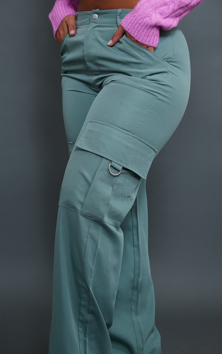 PRETTYLITTLETHING Shape Sea Green Buckle Detail Cargo Wide Leg Trousers image 4