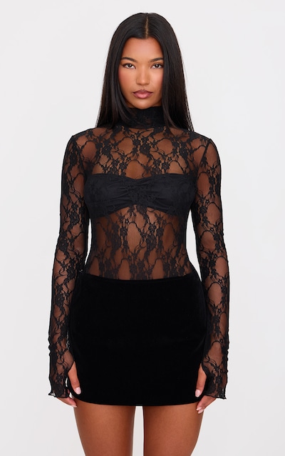 Black Lace High Neck Long Sleeve Bodysuit