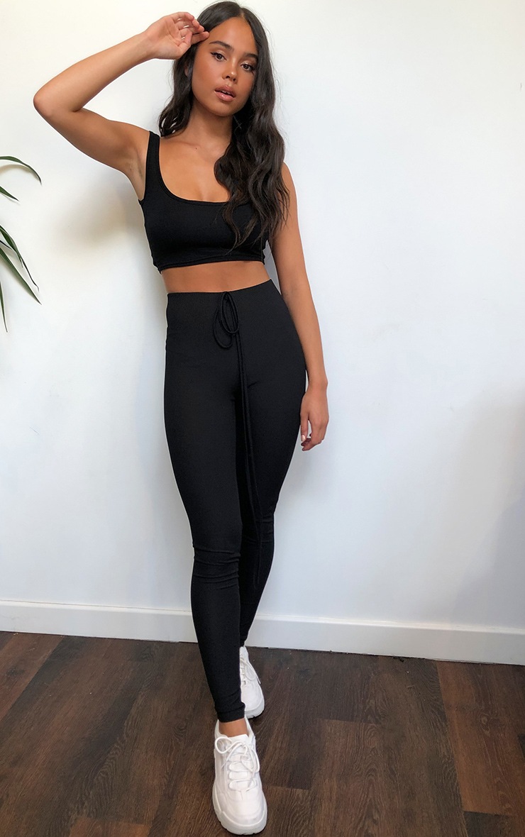 Black Tie Waist Detail Ribbed Leggings
