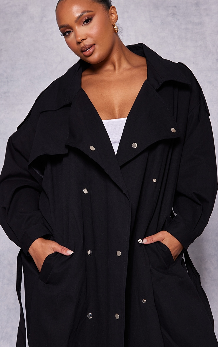 Plus Black Popper Detail Trench Coat image 4
