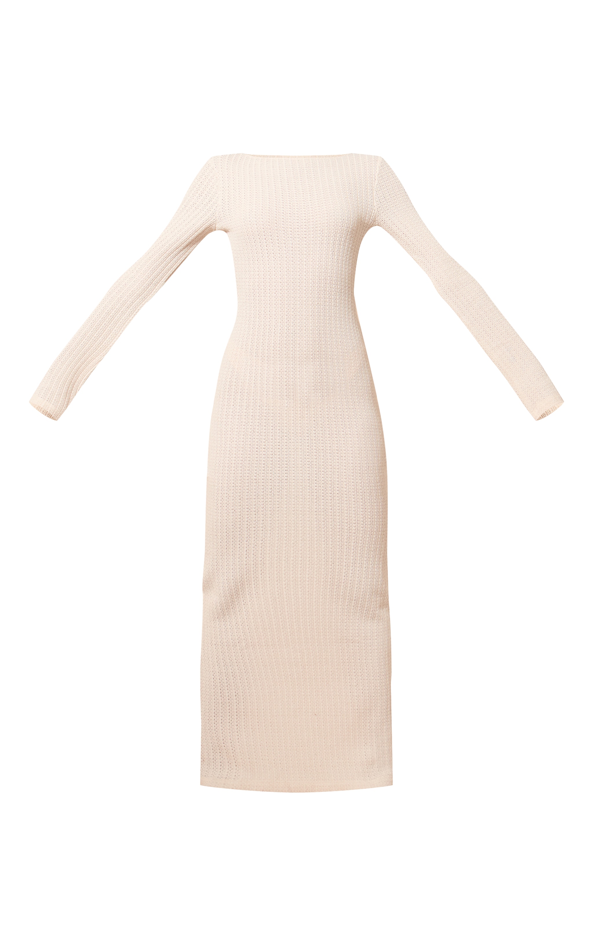 Cream Textured Boat Neck Backless Long Sleeve Maxi Dress image 5