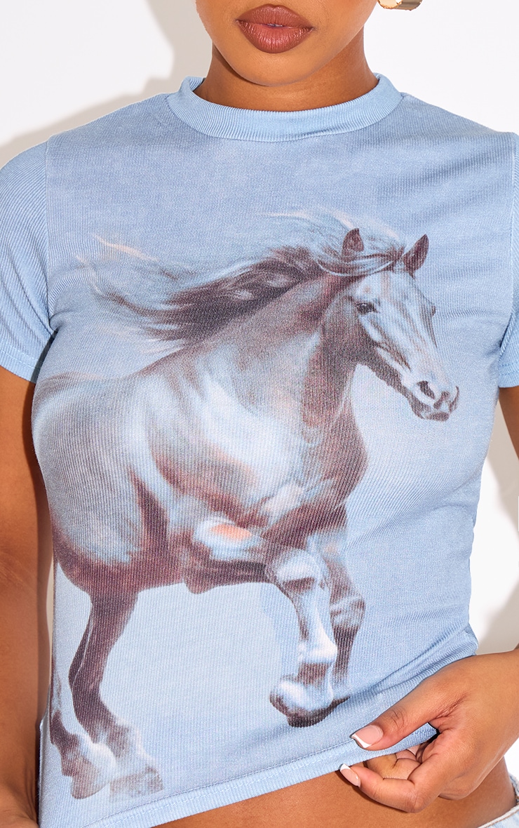 Blue Horse Print Ribbed Fitted T Shirt image 4