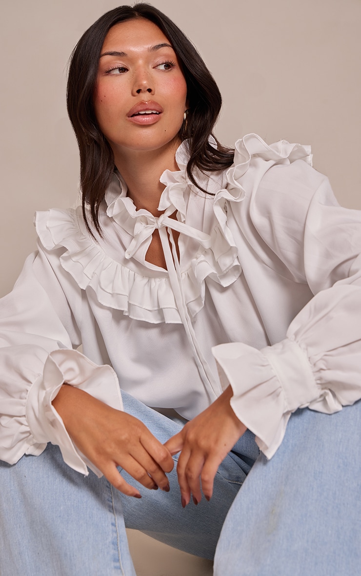 White High Neck Cotton Frill Detail Long Sleeve Shirt image 4