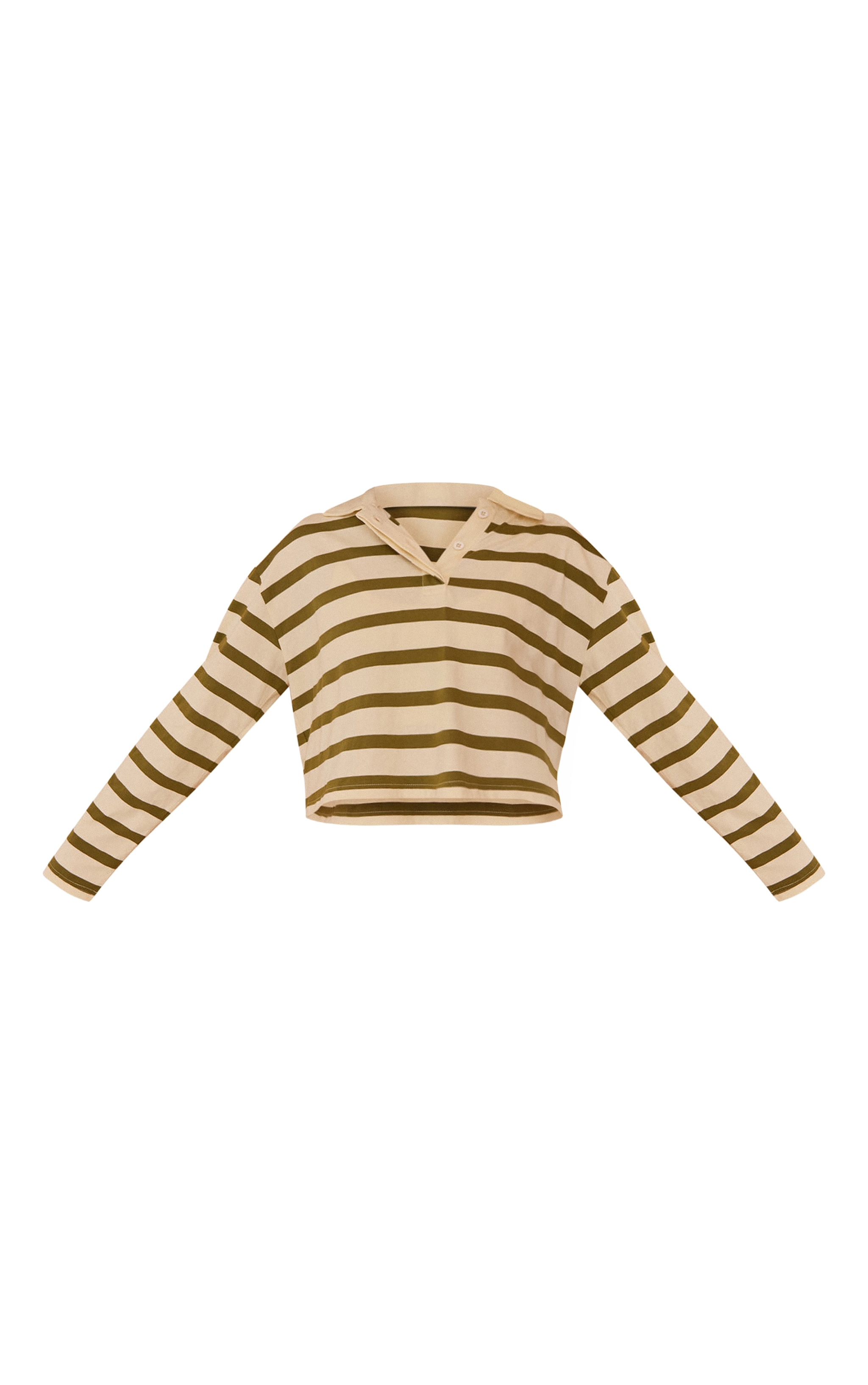 Sage Green Striped Cotton Polo Collar Long Sleeve Crop Top image 5