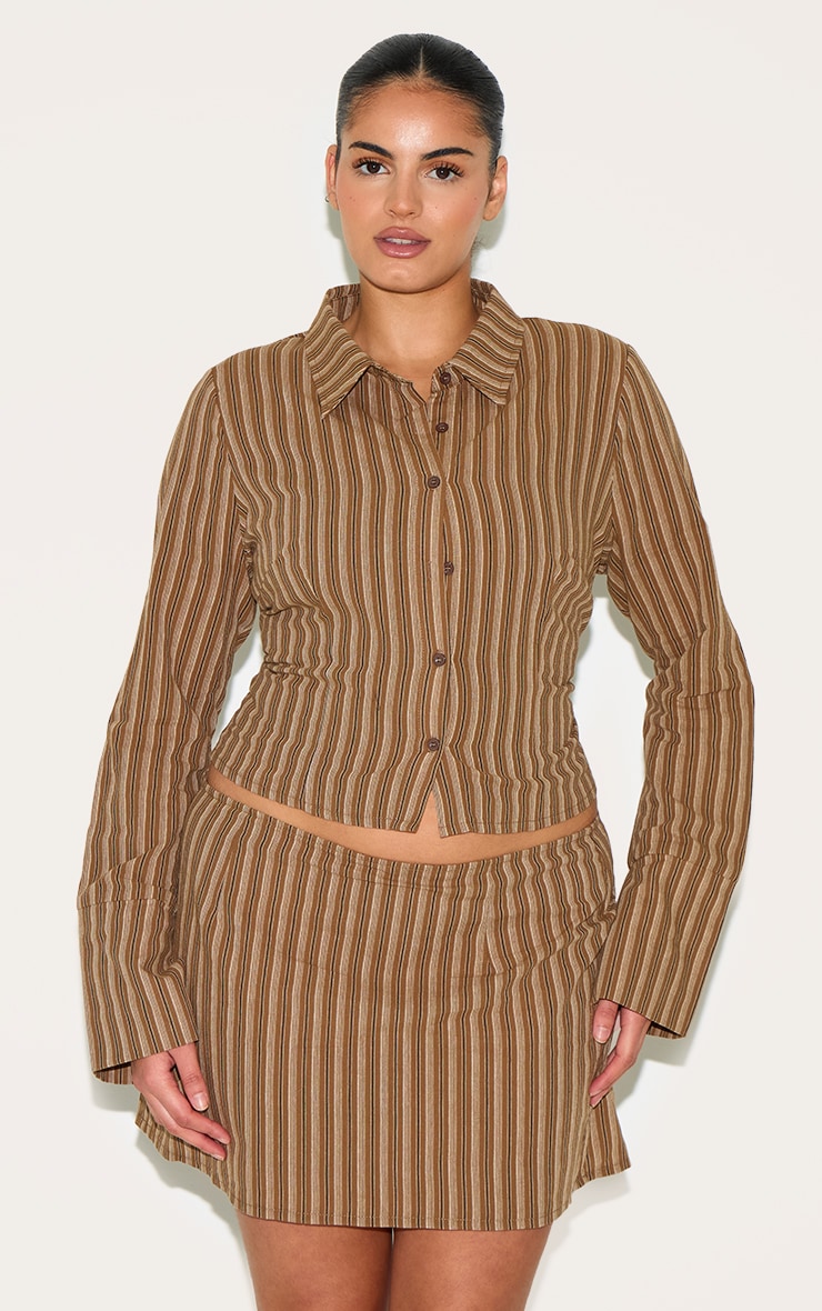 Plus Brown Pinstripe Fitted Shirt image 1