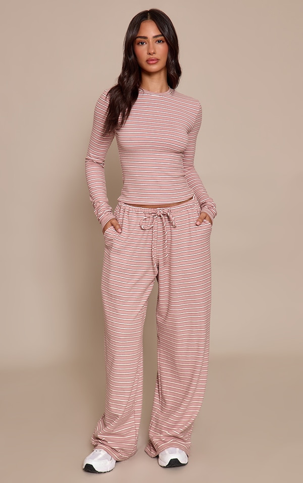 Petite Pink Striped Soft Fleece Straight Leg Joggers