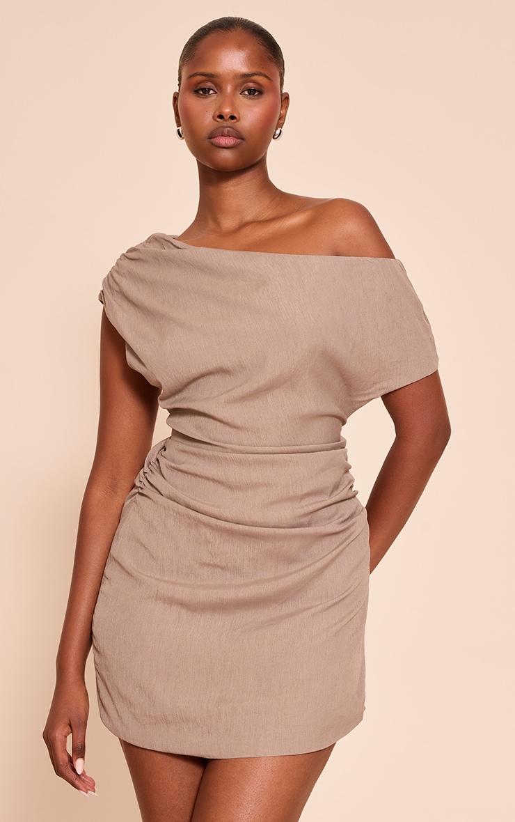 Grey Textured One Shoulder Mini Shift Dress image 1