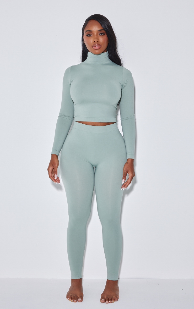 Shape Sage Green Stretch Seamless High Neck Long Sleeve Top image 3