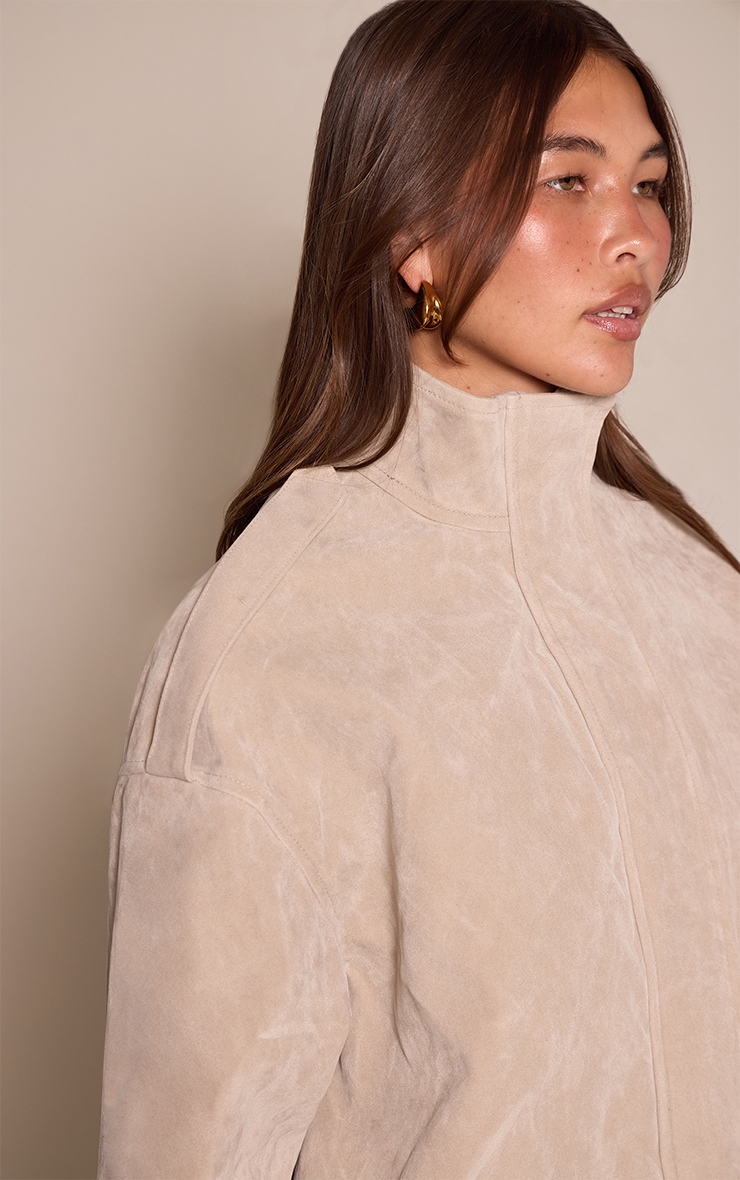 Stone Funnel Neck Concealed Placket Longline Suede Jacket image 4