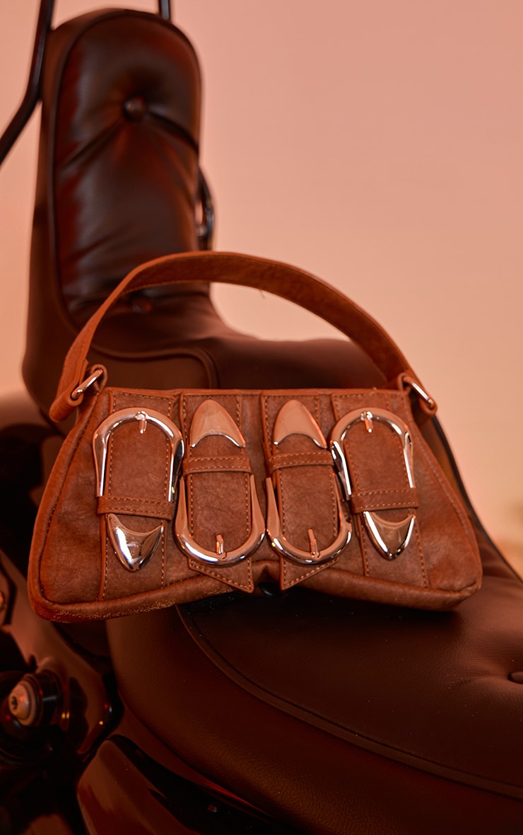 Brown Distressed PU Buckle Baguette Shoulder Bag image 2