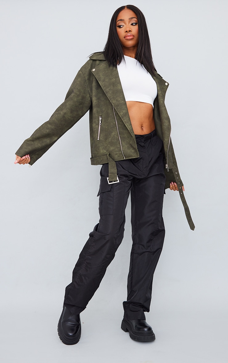 Tall Green Washed Look Biker Jacket Tall PrettyLittleThing AUS