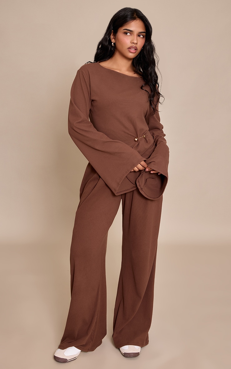 Petite Chocolate Pleat Detail Wide Leg Trousers  image 2