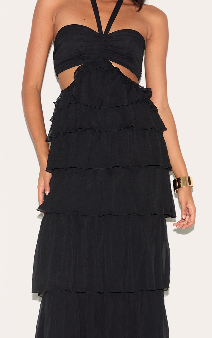 Black Ruched Bust Frill Tiered Maxi Dress image 4