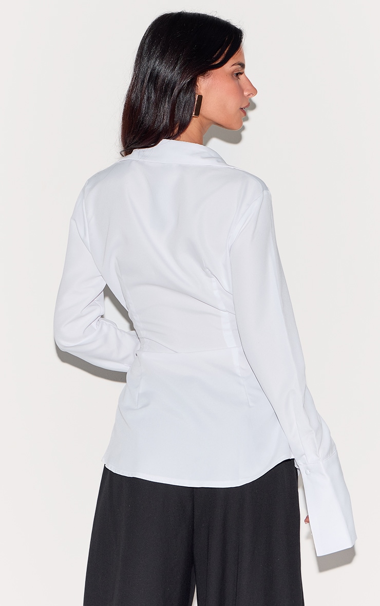 White Asymmetric Cinched Deep Cuff Shirt image 2