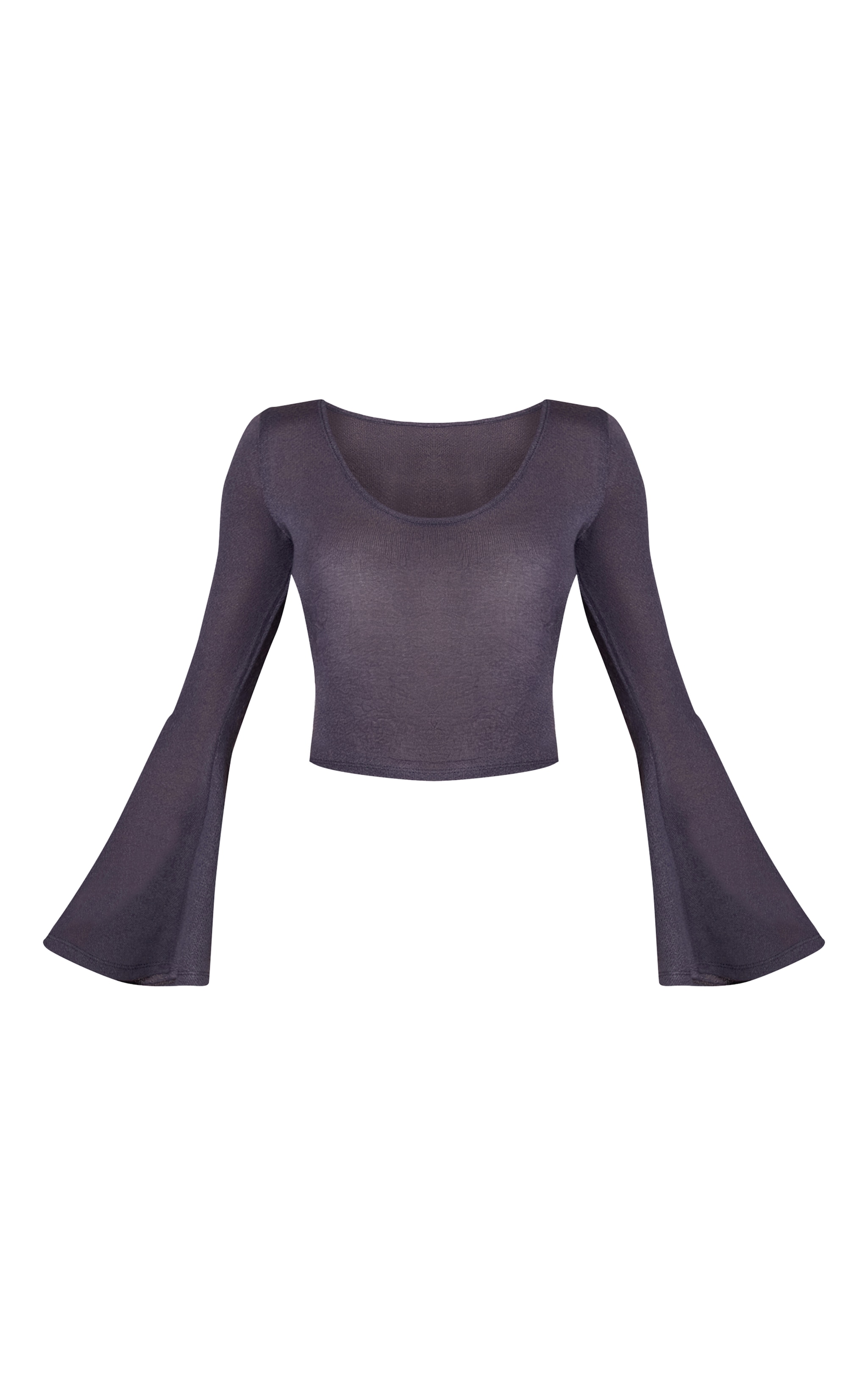 Charcoal Textured Jersey Scoop Neck Flared Long Sleeve Top image 5