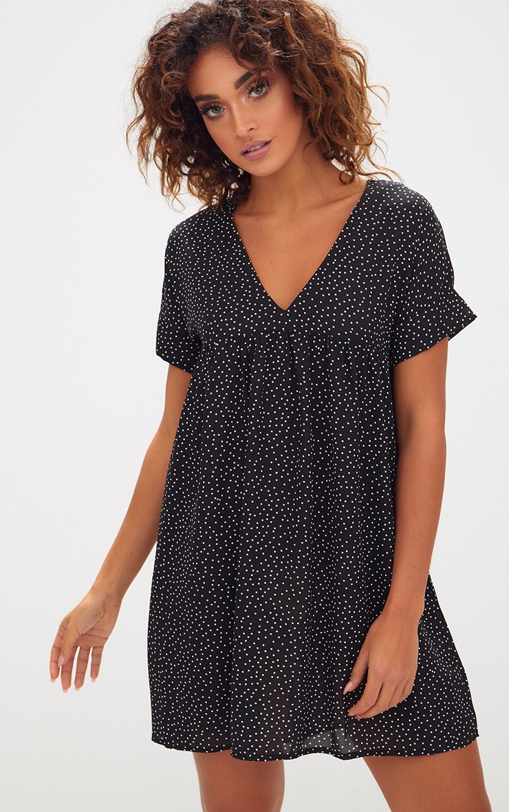 Black Polka Dot Smock Dress | Dresses | PrettyLittleThing