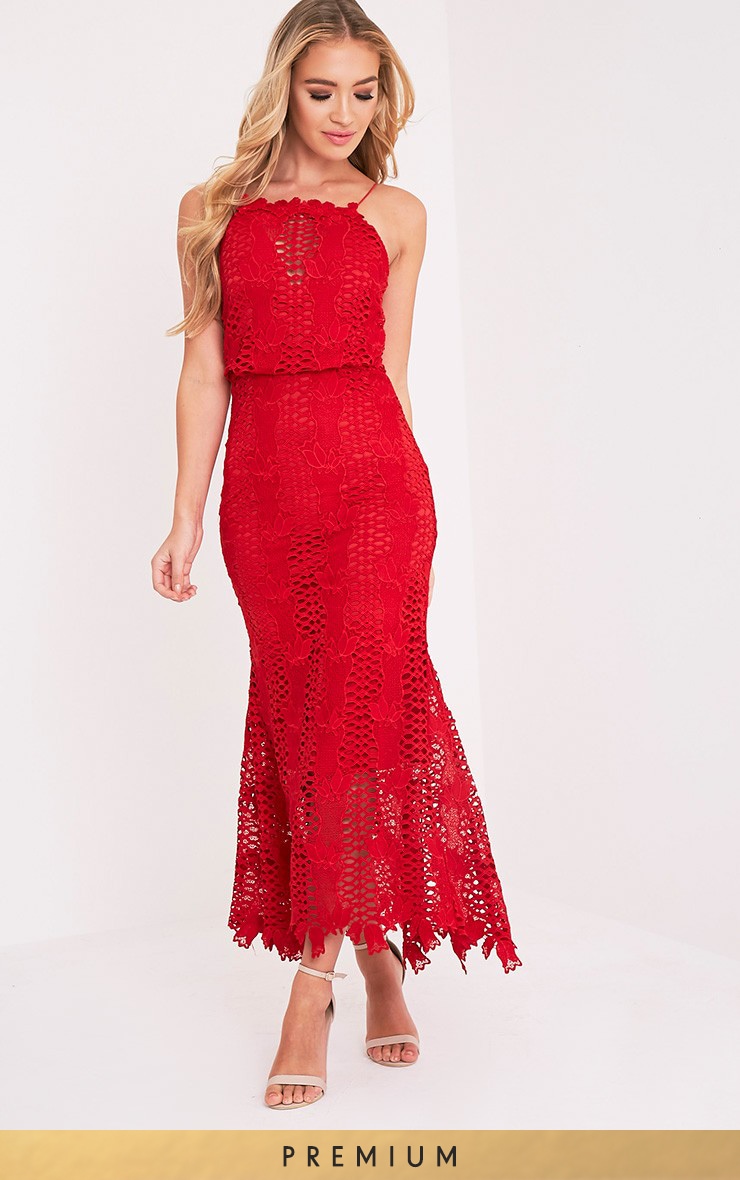 Reeya Red Lace Midaxi Dress | Dresses | PrettyLittleThing