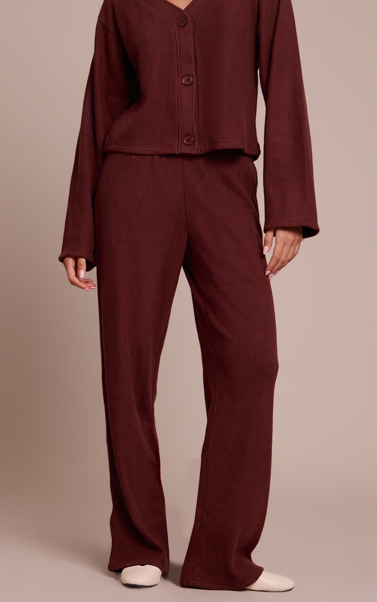 Chocolate Brown Soft Brushed Chunky Rib Wide Leg Pant image 2