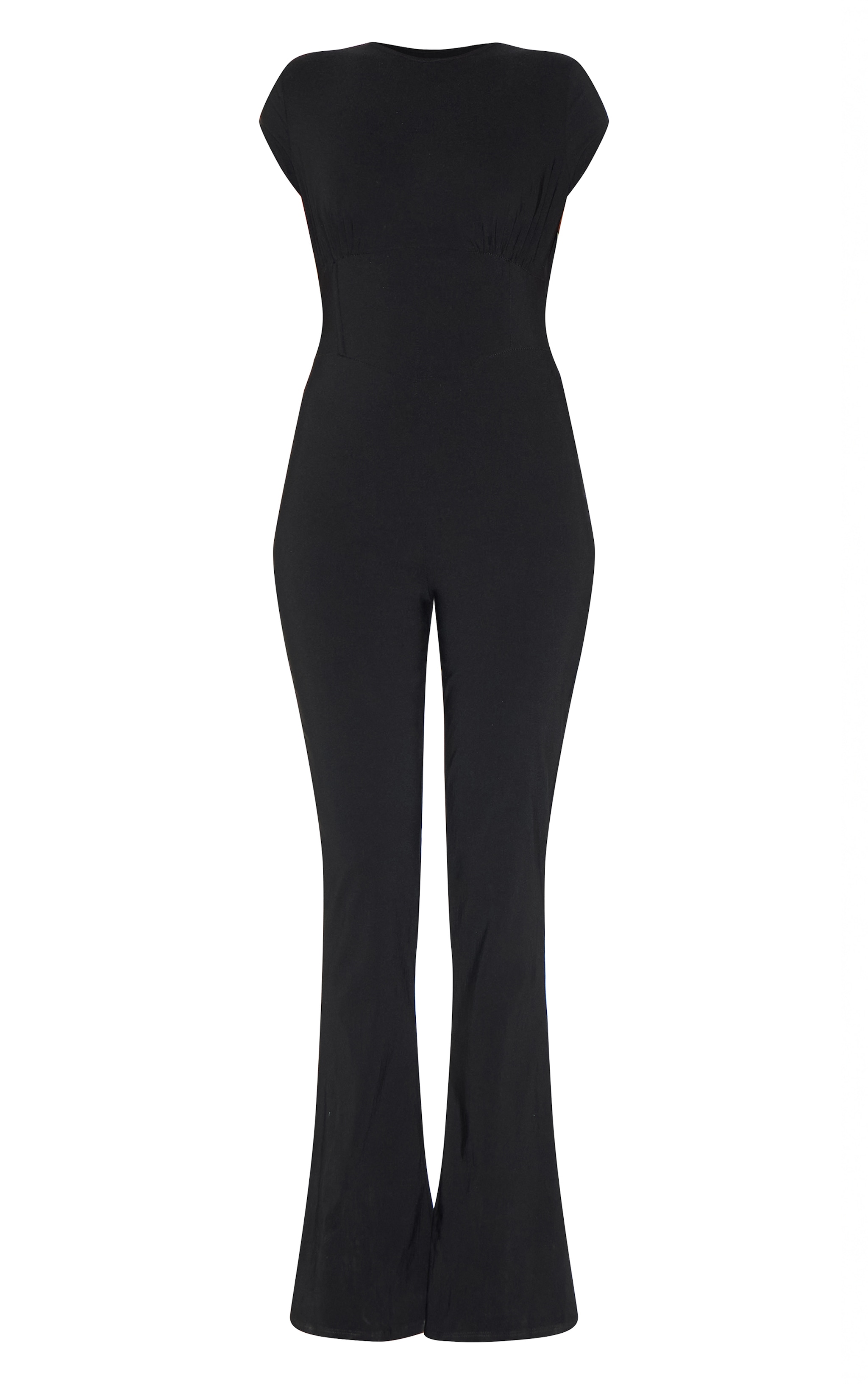 Black Stretch Woven Corset Detail Cap Sleeve Flared Jumpsuit image 5