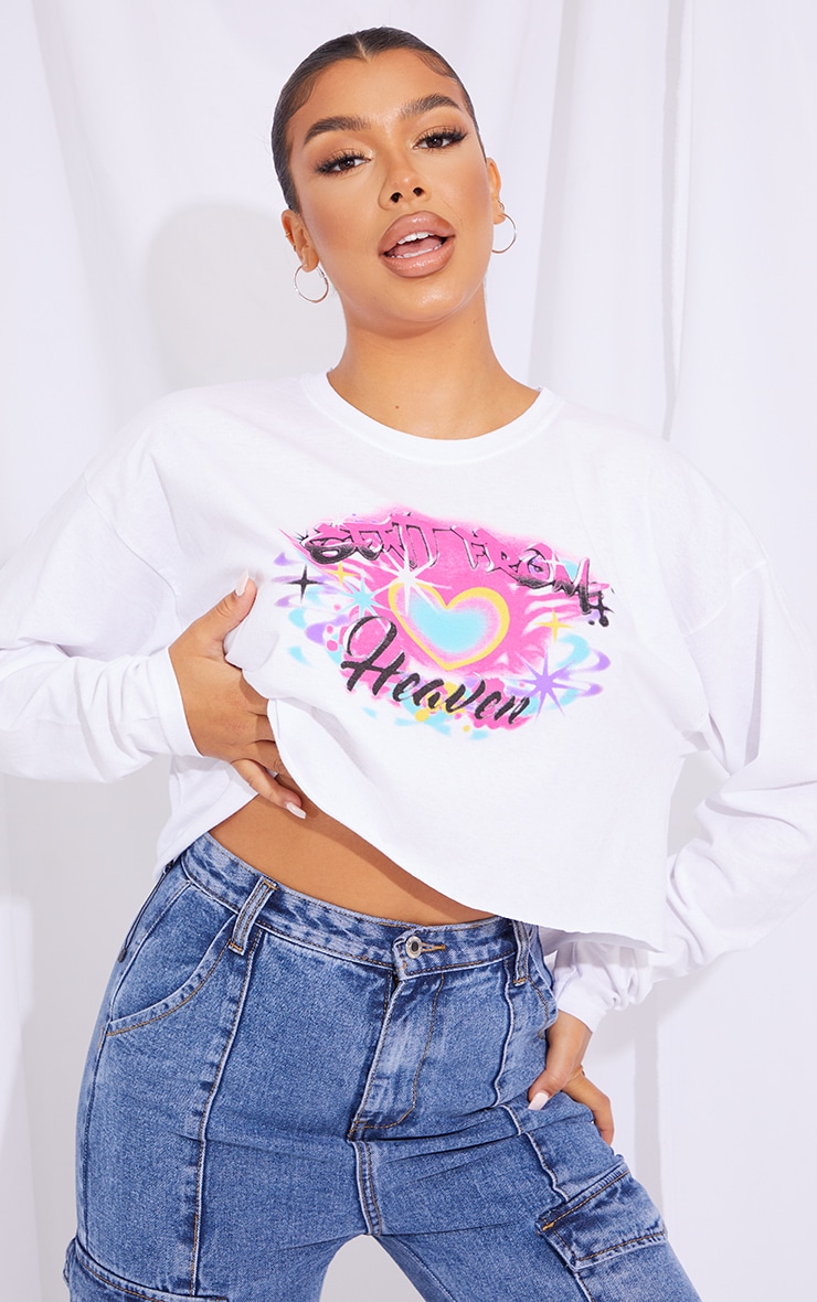 White Graffiti Print Long Sleeve Top