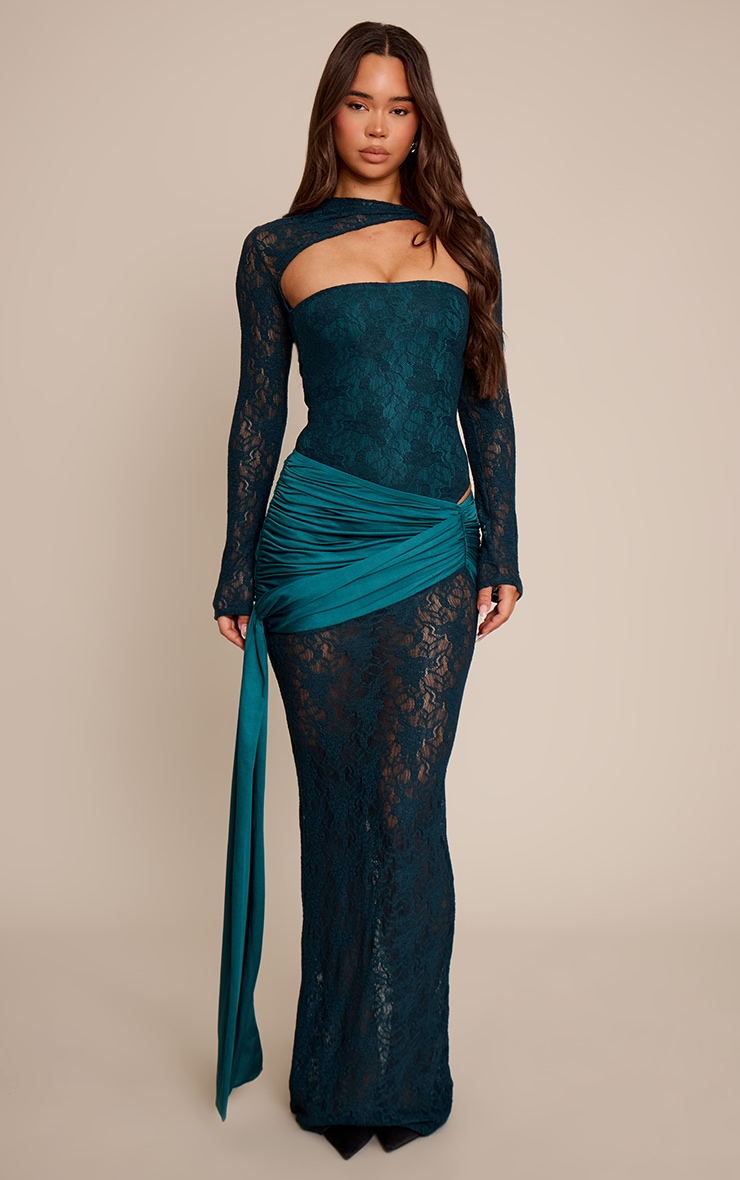 Emerald Green Lace Cut Out Asymmetrical Long Sleeve Bodysuit image 3