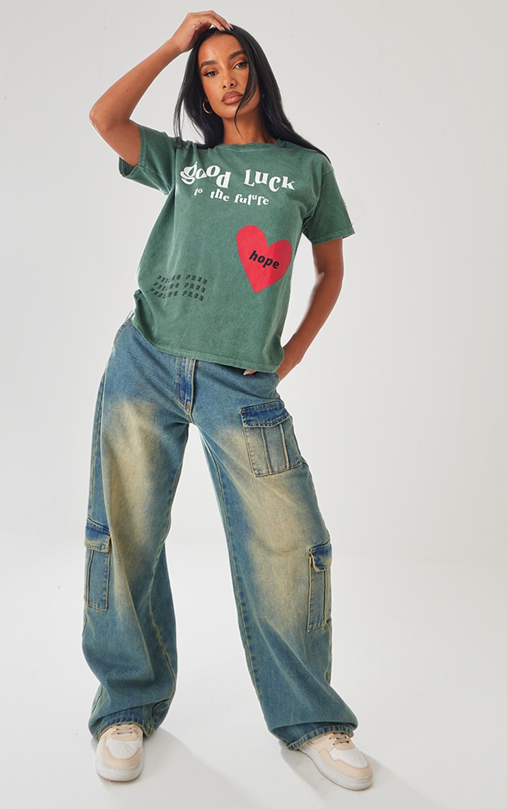 Khaki Good Luck Heart Print Washed T Shirt image 3