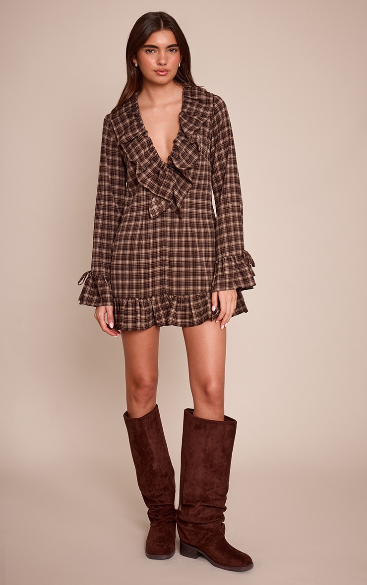 Brown Check Frill Long Sleeve Shift Mini Dress image 3