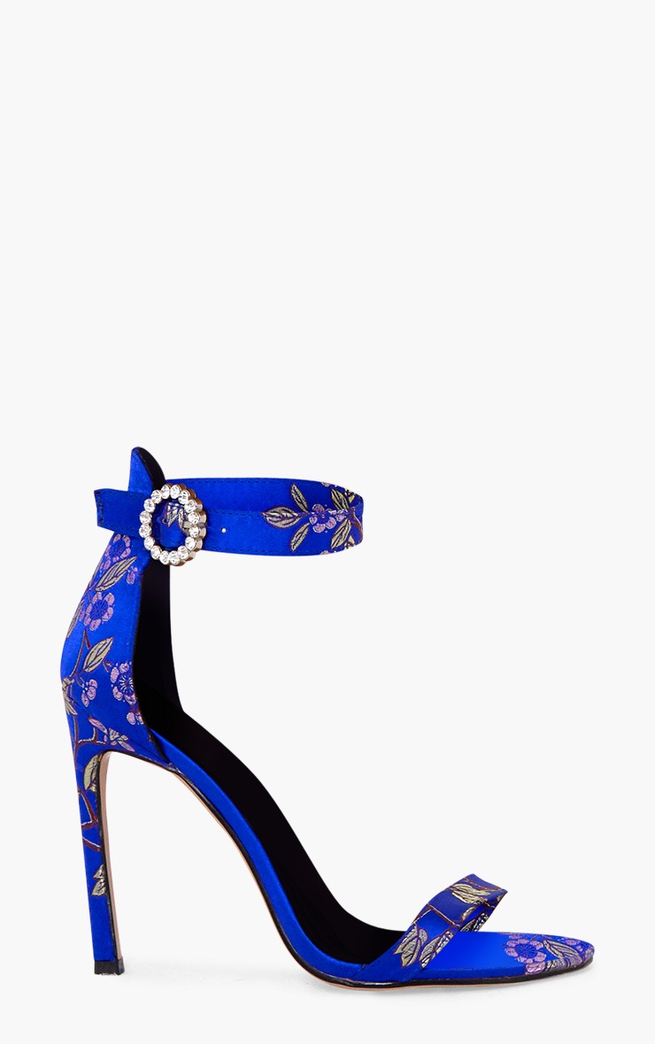 Cobalt Jacquard Diamante Buckle Strappy Heels | PrettyLittleThing USA