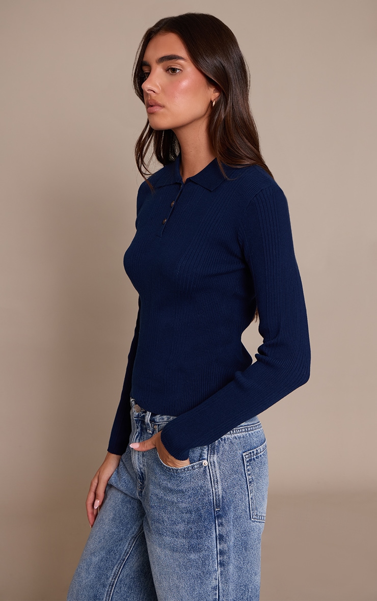 Navy Ribbed Knit Long Sleeved Polo Top image 4