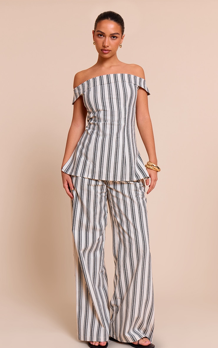 Natural Textured Stripe Fold Over Bardot Long Top image 3