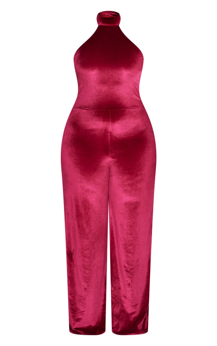 Plus Burgundy Velvet High Neck Jumpsuit image 5