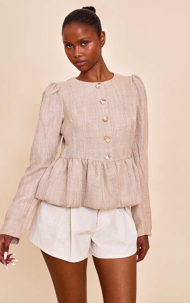 Taupe Button Up Peplum Balloon Sleeve Jacket image 4