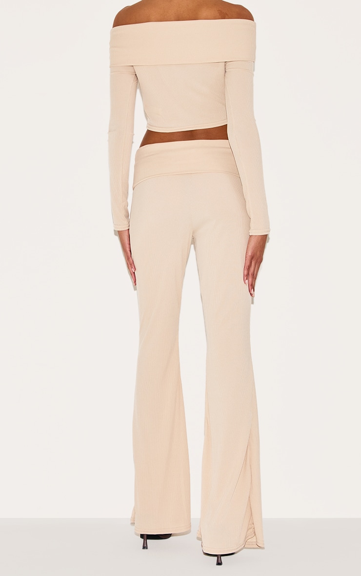 Beige Rib Low Rise Foldover Flared Pants image 3