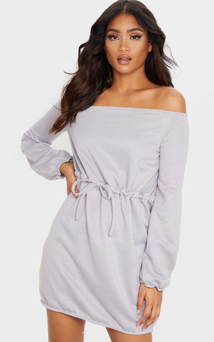 Grey Off Shoulder Elastic Waist Sweat Dress