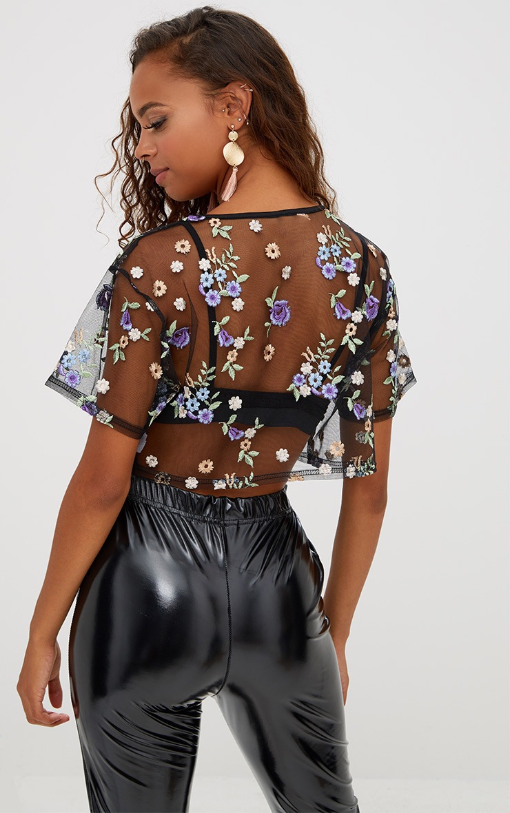 Petite Black Sheer Embroidered Crop Top. Tops PrettyLittleThing