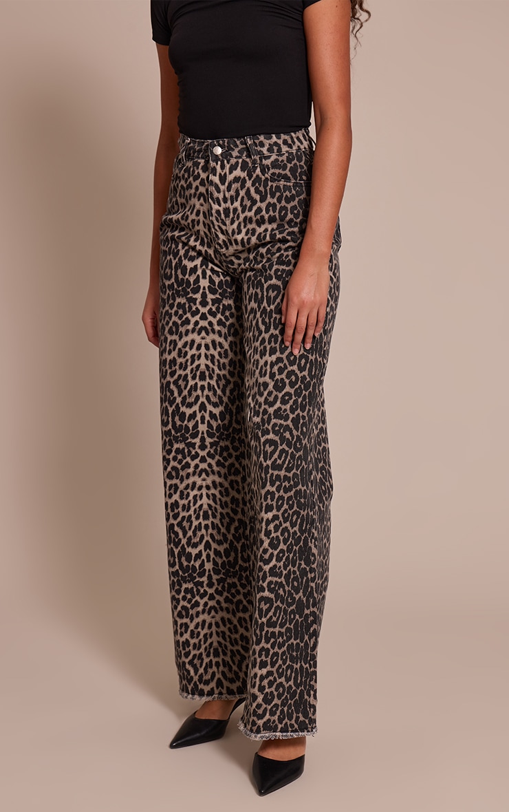 Tall Brown Leopard Print Wide Leg Denim Jeans image 2