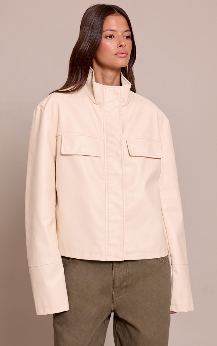 Cream Faux Leather Funnel Neck Jacket image 1