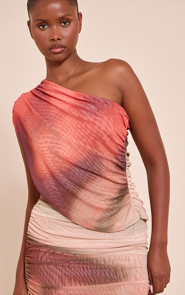 Multi Abstract Print Mesh One Shoulder Ruched Top image 1