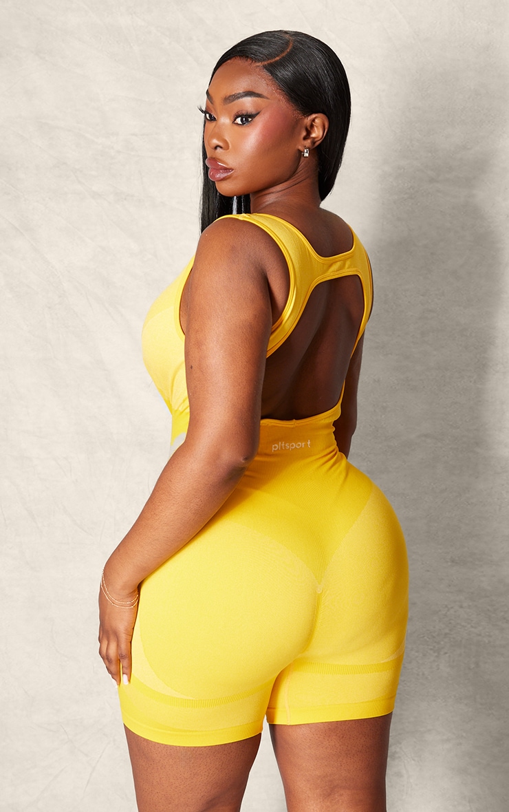 PLT SPORT Plus Mustard Seamless Open Back Jacquard Unitard image 1
