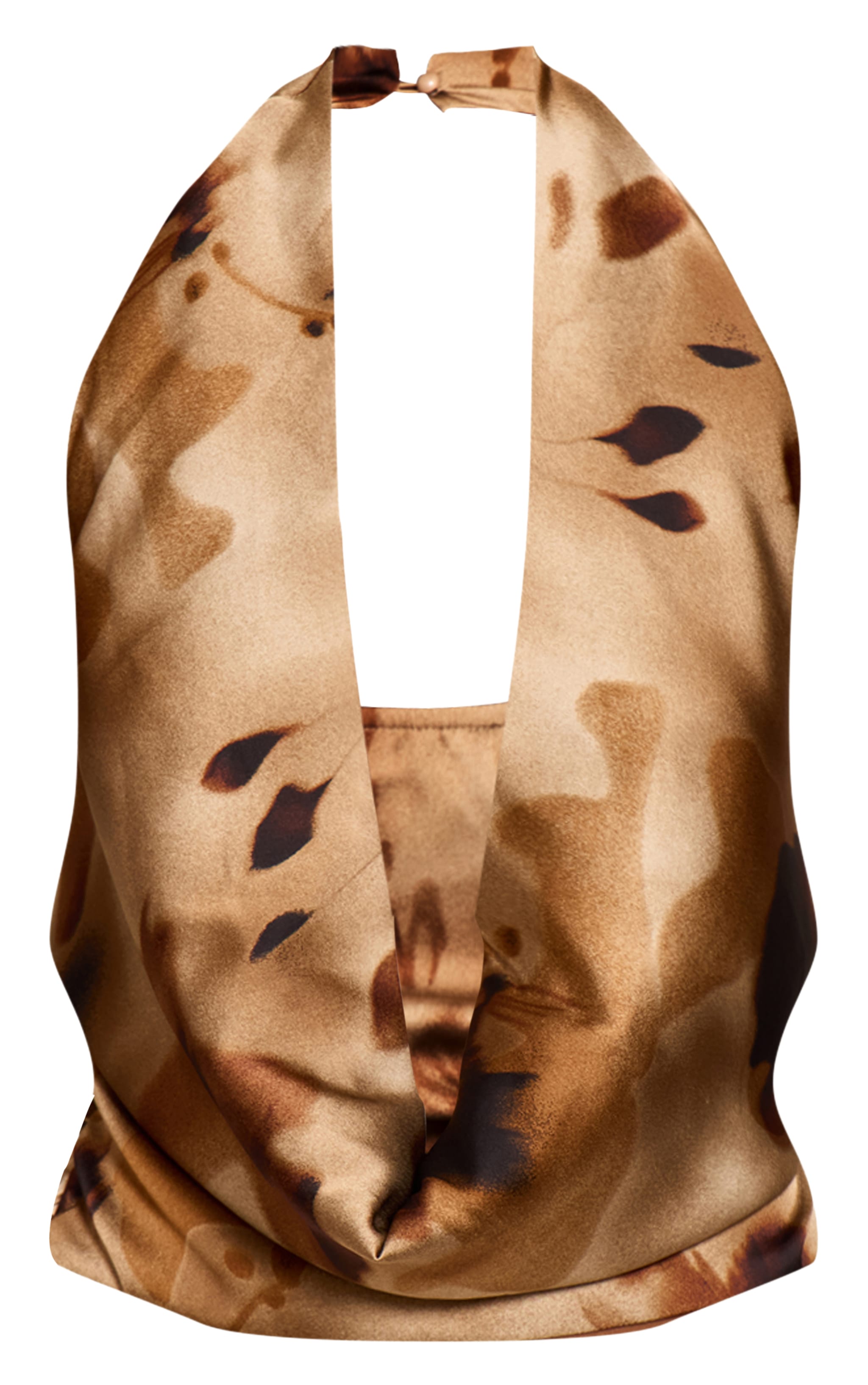 Brown Floral Abstract Print Satin Cowl Neck Top image 5