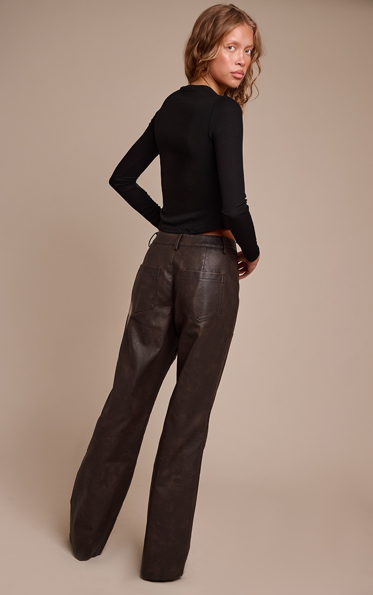 Dark Chocolate Faux Leather Seam Detail Pants image 3