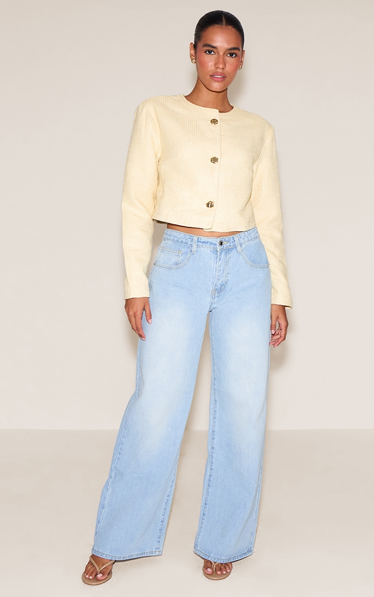 Butter Cream Cropped Button Up Tweed Collarless Jacket image 3