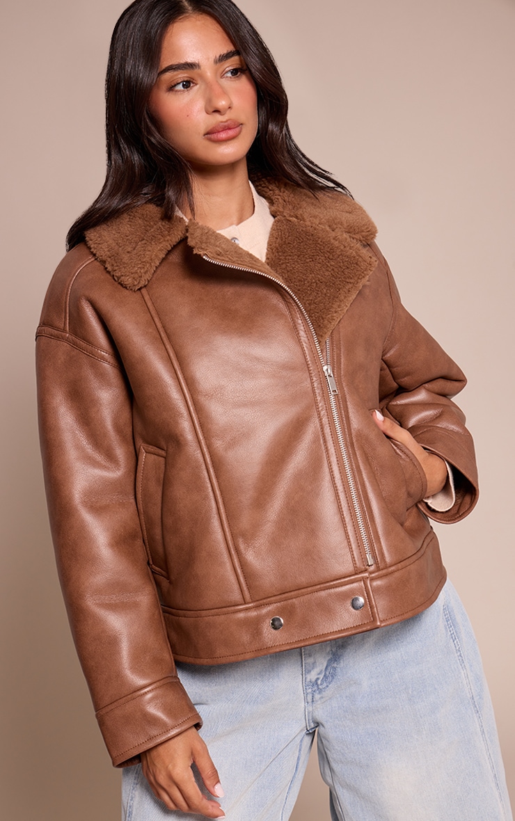 Petite Brown Borg Collar Faux Leather Aviator